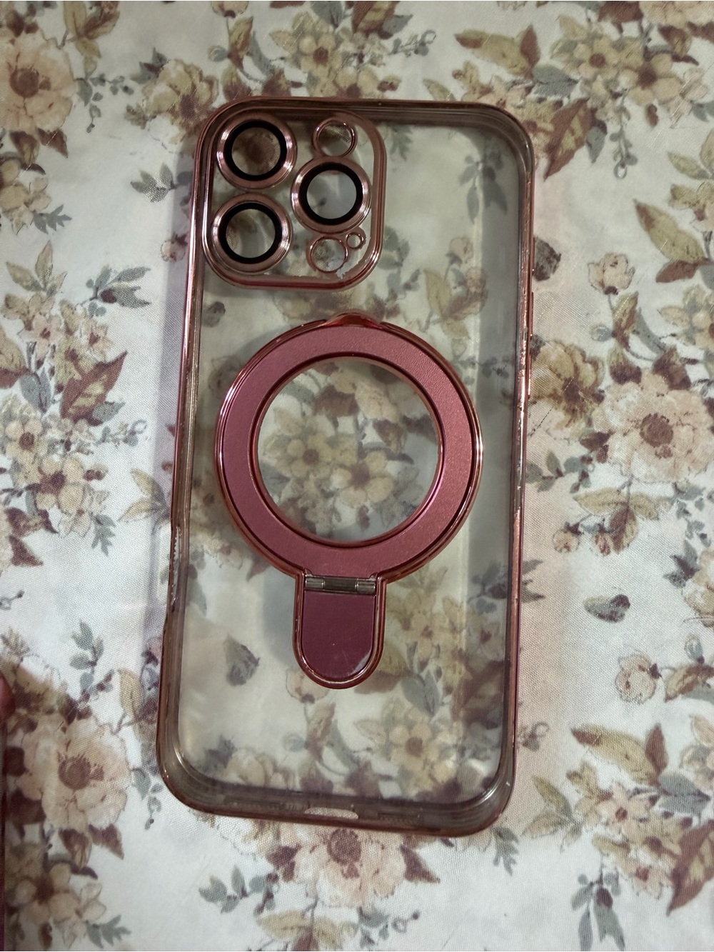 Amazon Clear Phone Case with Pink Metallic Magnetic Ring and Camera Trim